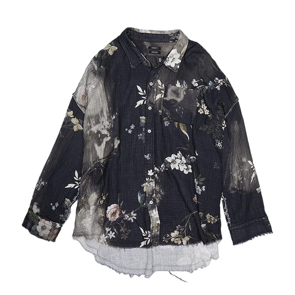 R13 WOMEN'S SHREDDED SEAM DROP NECK SHIRT - BLEACHED BLACK FLORAL